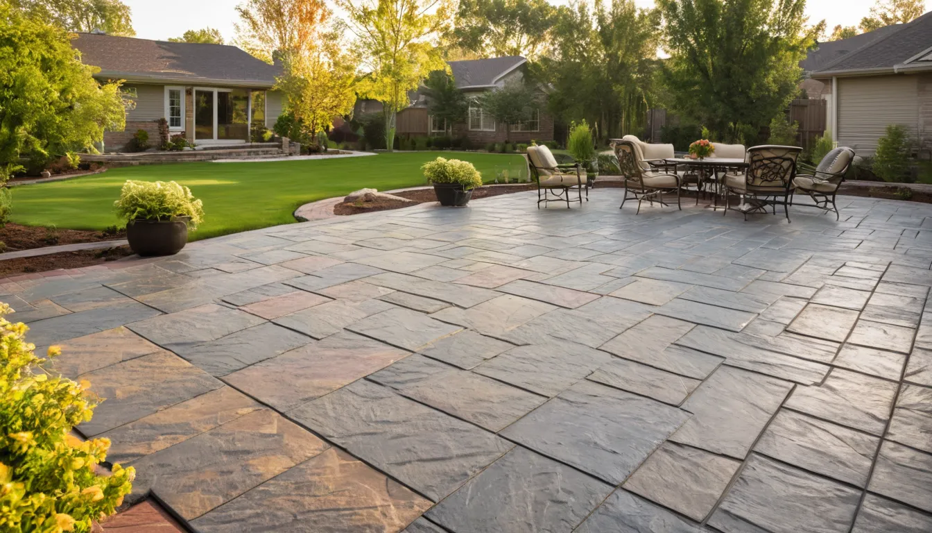A stamped concrete patio behind a brick ranch home in Birmingham